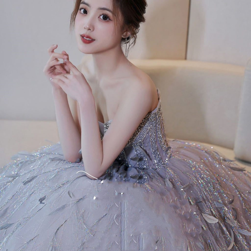Robe de mariée de luxe haut de gamme, gris-bleu clair, style princesse, pour fiançailles