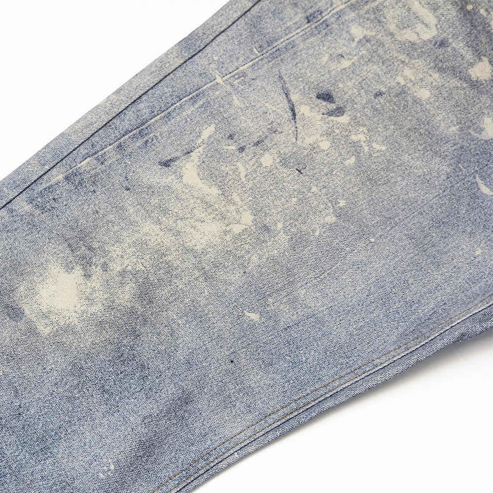 Jeans bleus taille mi-haute amples personnalisés graffiti pour homme
