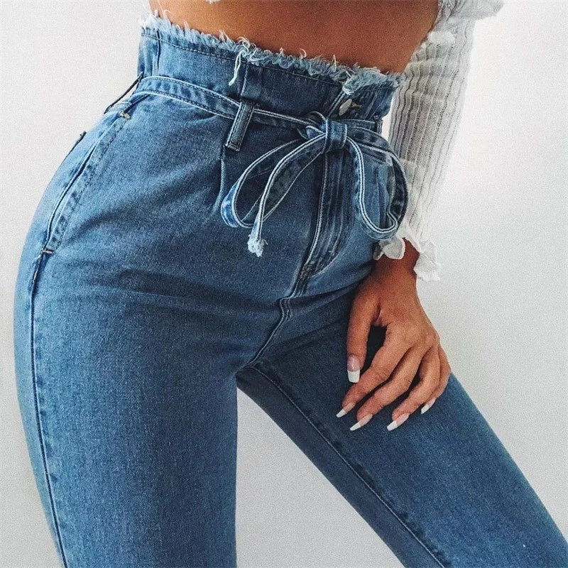 Pantalon crayon taille haute en jean foncé délavé grande taille pour femme