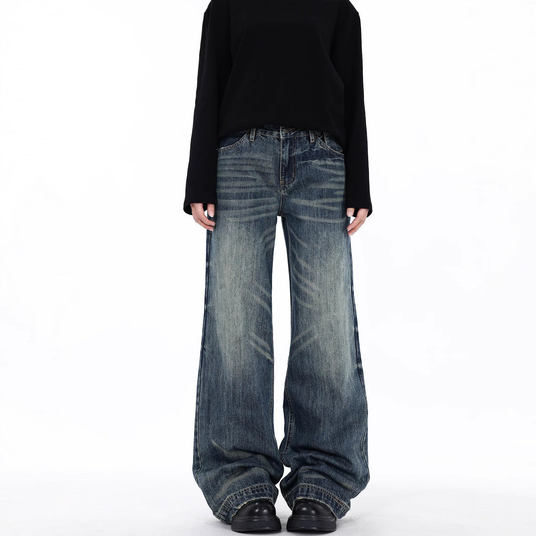 Men's Retro Blue High Waist Straight Cotton Jeans