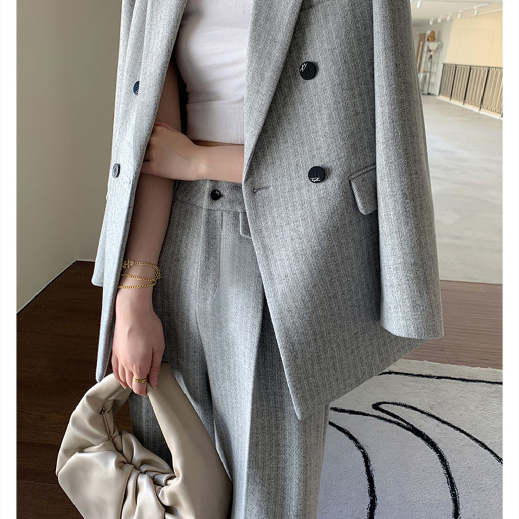Women's Gray White Striped Wool Suit Coat with Wide Leg Trousers