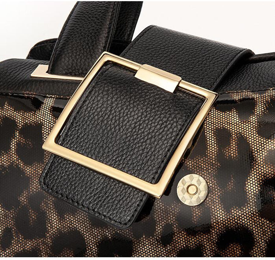 Large-Capacity Cowhide Leopard Print One-Shoulder Messenger Bag for Women