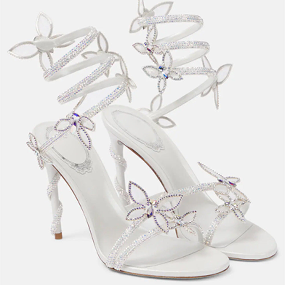 Snake Butterfly Rhinestone Flower Roman Stiletto Heels