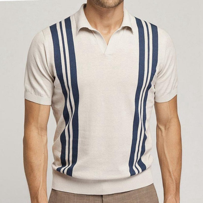Polo décontracté d'été pour homme, manches courtes, rayé, coupe ajustée, col revers