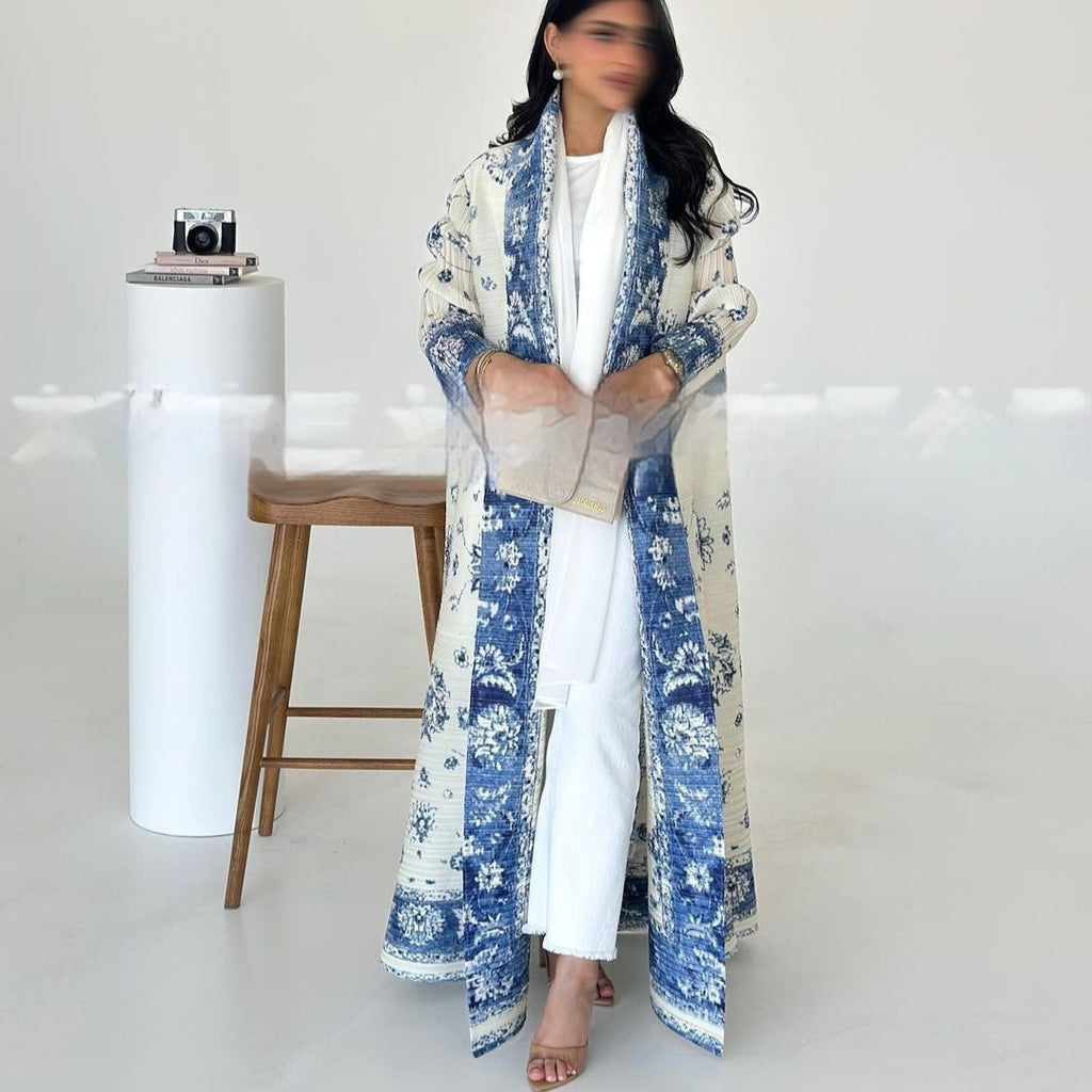 Pleated Trench Djellaba Printed Shawl Cardigan Ethnic Cloak Coat for Middle East Women