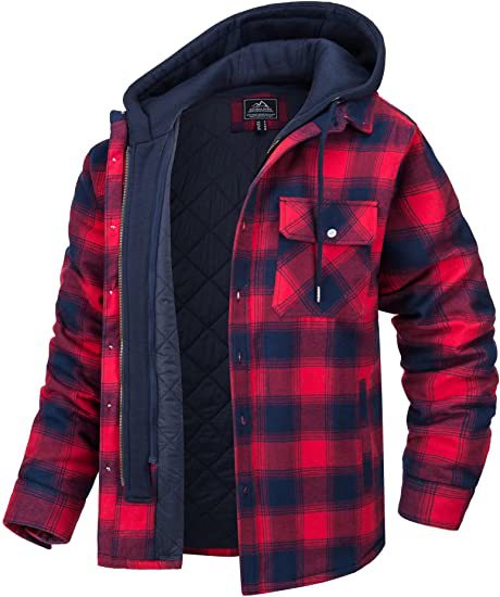 Men's Plaid Hooded Winter Coat Thick Padded Button Zip-Up Jacket Casual Outerwear