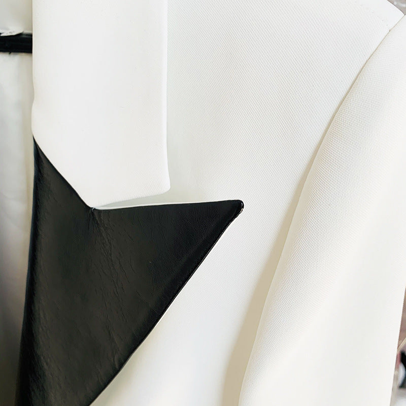 Contrast Leather Collar Diamond Stitching Jacket