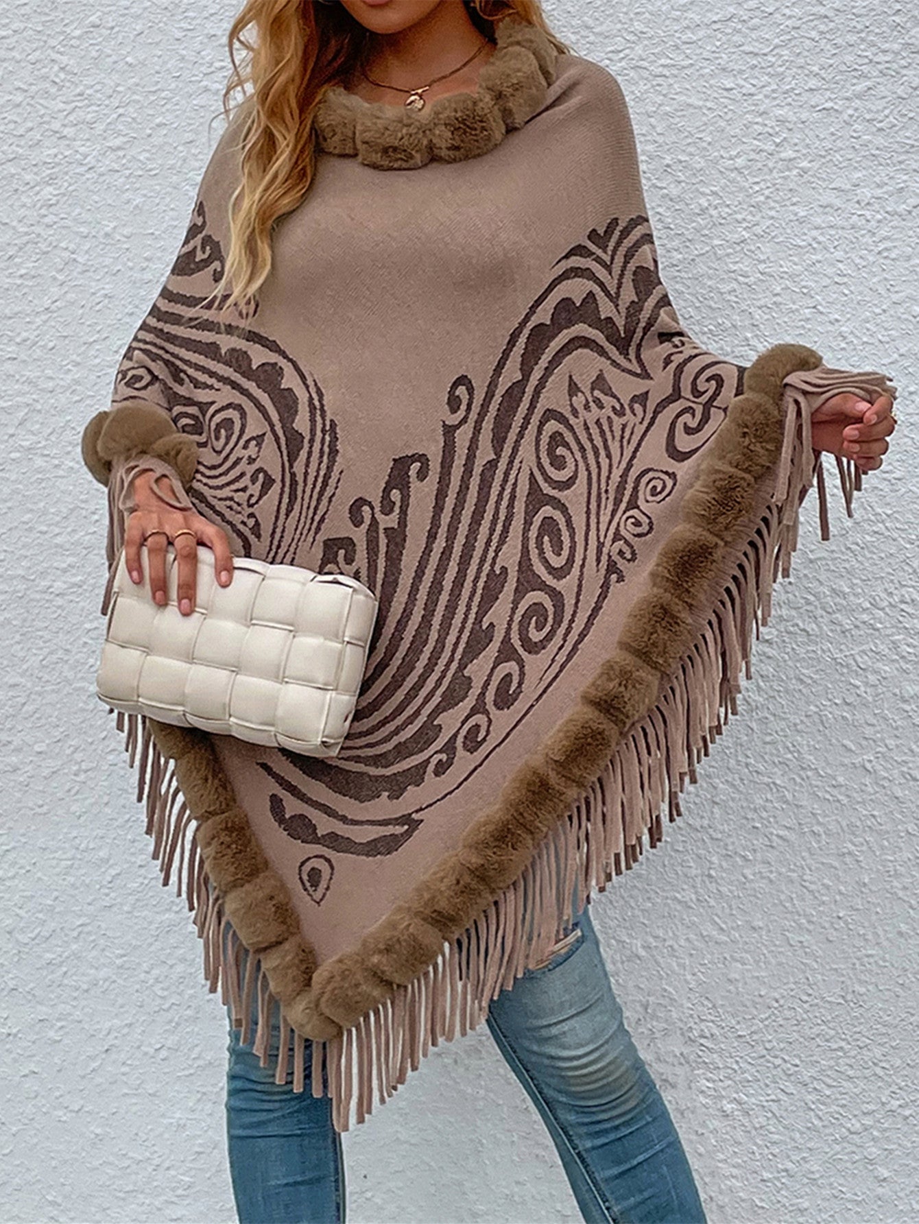 Khaki Wool Collar Tassel Shawl Pullover Sweater Cloak