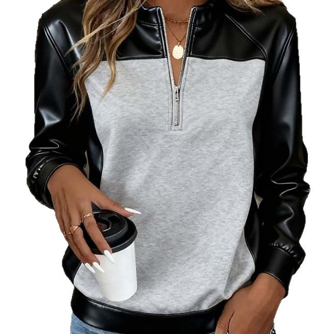 Womens Contrast-Color Stand-Up Collar Half-Zip Base-Layer Long-Sleeve Top