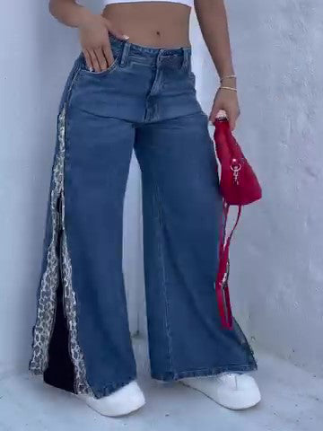 Leopard Print Patchwork Zip-Up Jeans