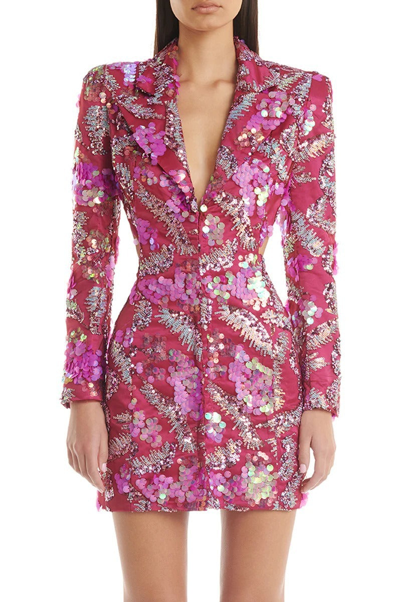 Robe mi-longue dos nu à sequins rouge rosé