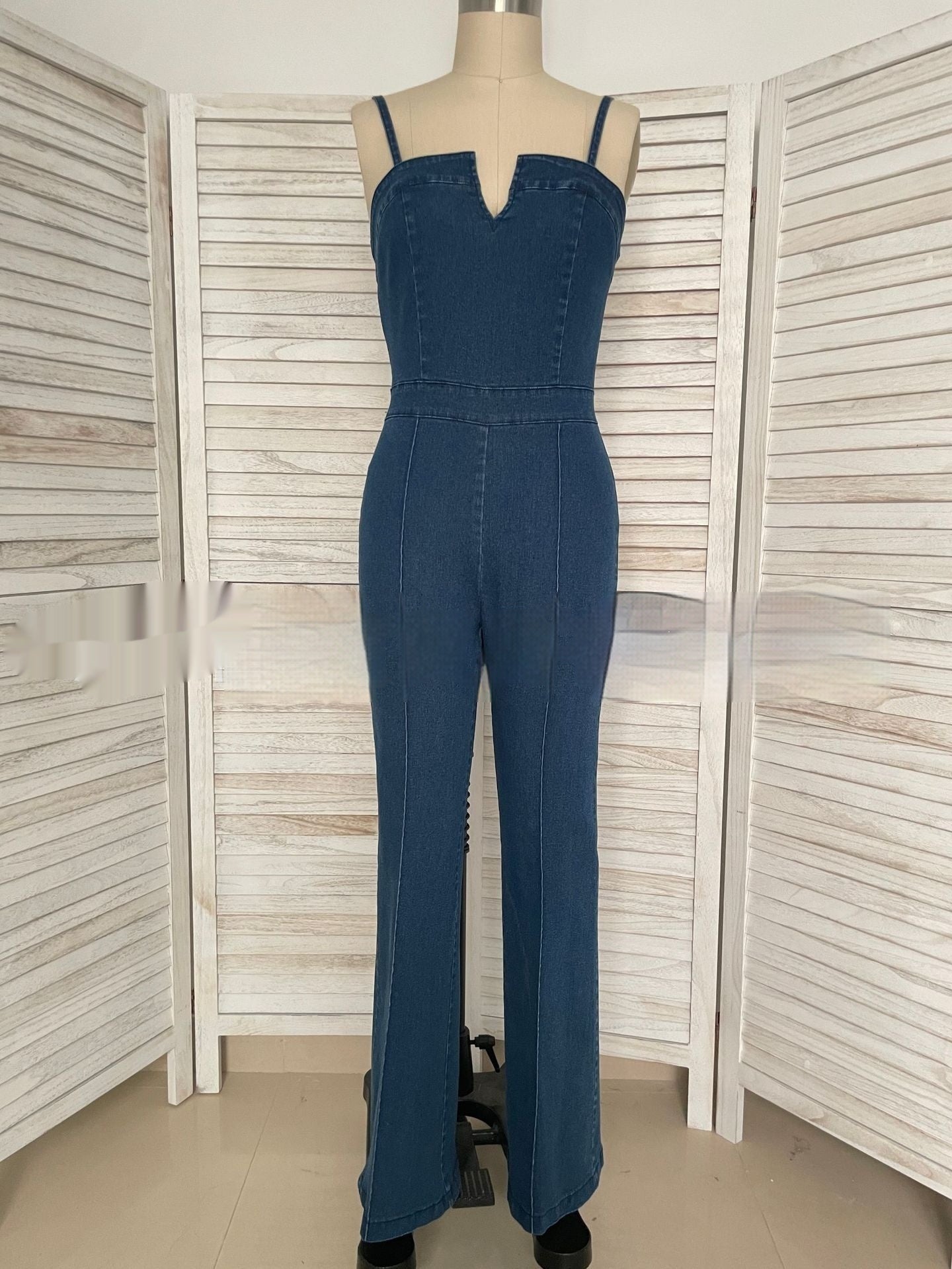 Women Sleeveless Denim Jumpsuit V Neck Wide Leg High Waist Back Zipper Slim Fit Jeans Overalls