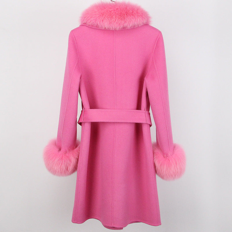 Double-Faced Wool Overcoat Long Slim Fit with Fox Fur Collar