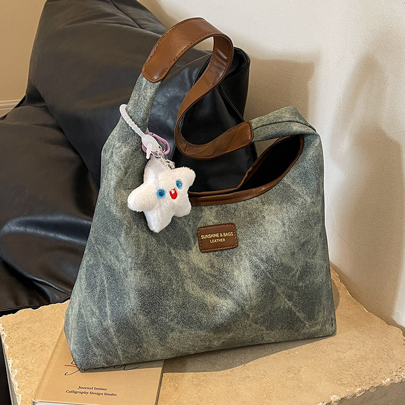 Sac cabas demi-lune en jean et toile avec fermeture éclair