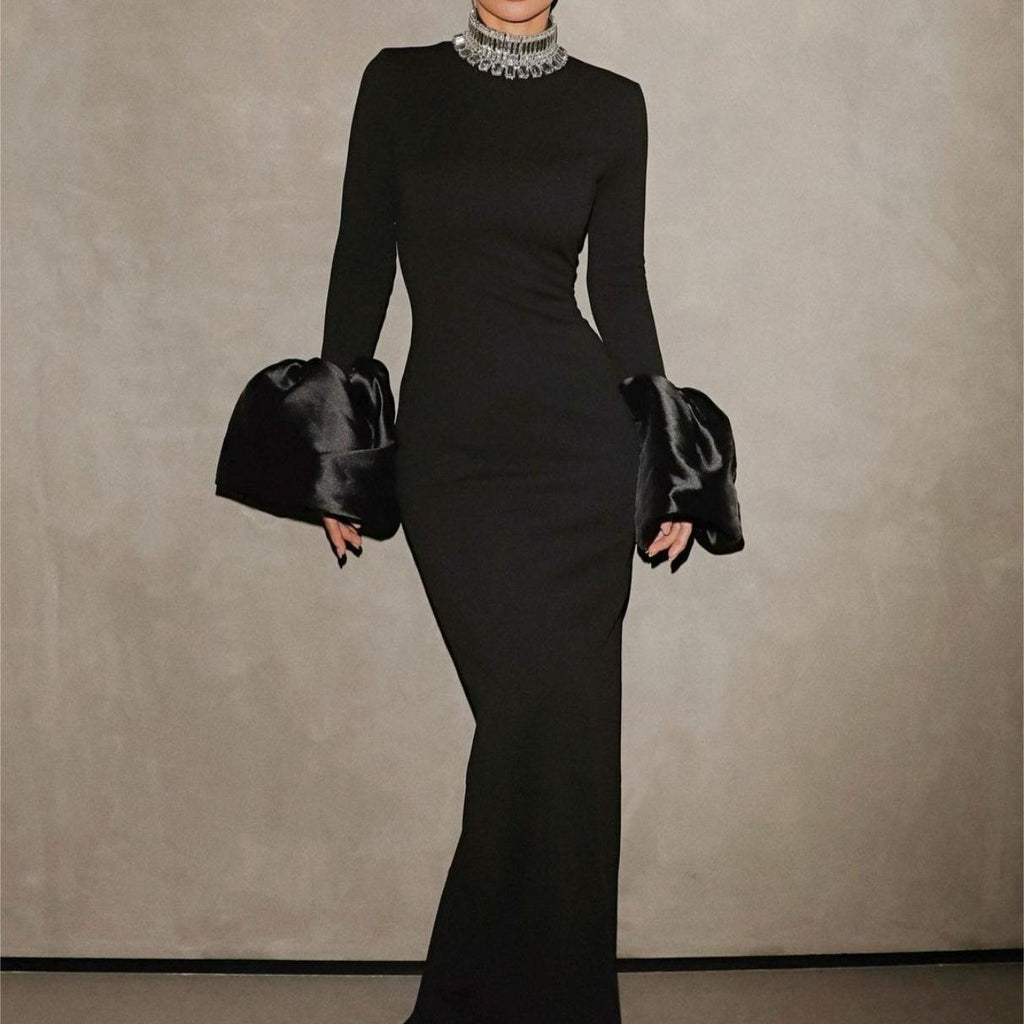 Robe de soirée moulante noire à manches longues avec strass pour événements arabes