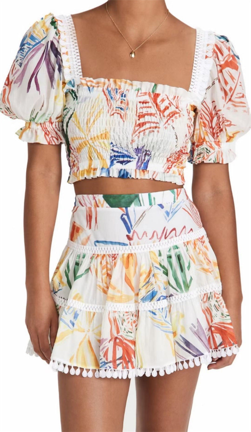 Women's Printed Square Neck Puff Sleeves High Waist Slim Top Skirt Set