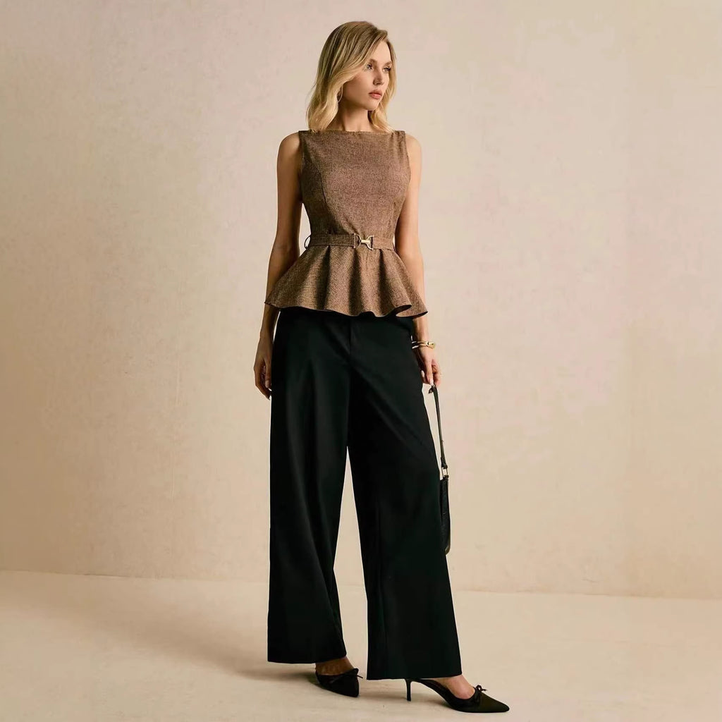 Puffy Solid-Color Sleeveless Top with Lace-Up Details for Women