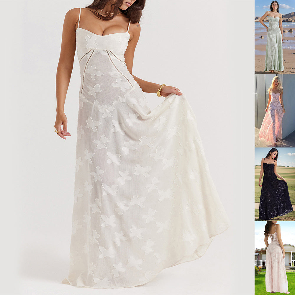 Robe Longue de Soirée Sexy en Dentelle Florale à Lacets et Bretelles pour Femme, Été, Coupe Ajustée