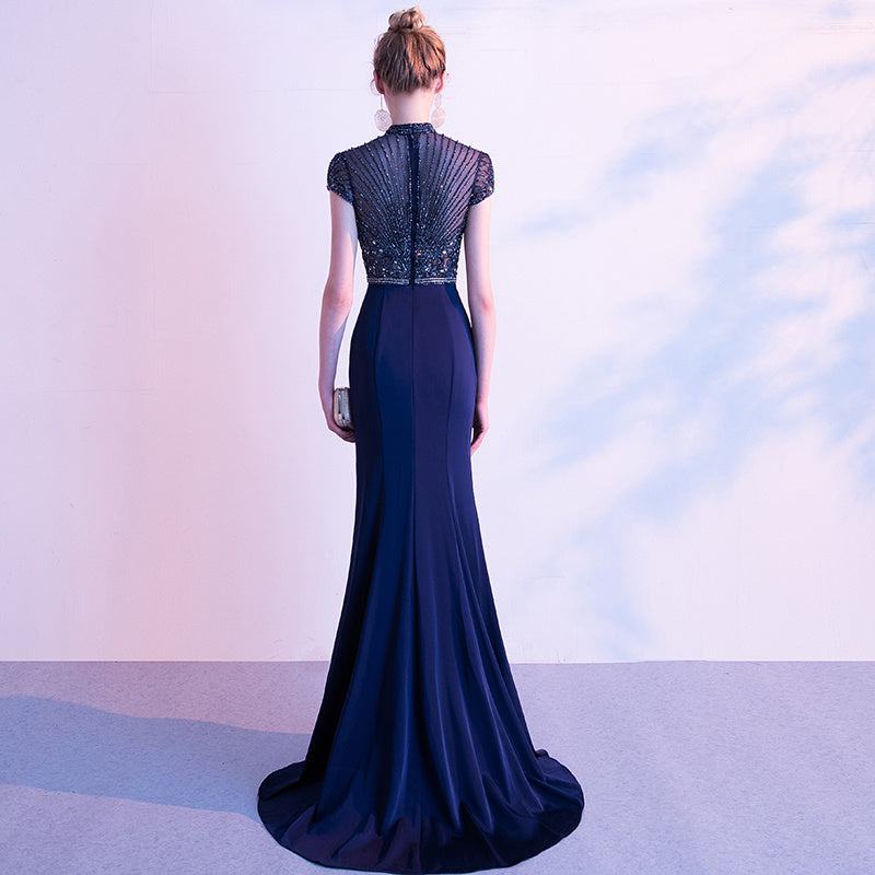 Women's Navy Diamond Banquet Evening Dress, Polyester, Short Sleeve, Long Skirt, Sizes S-XL