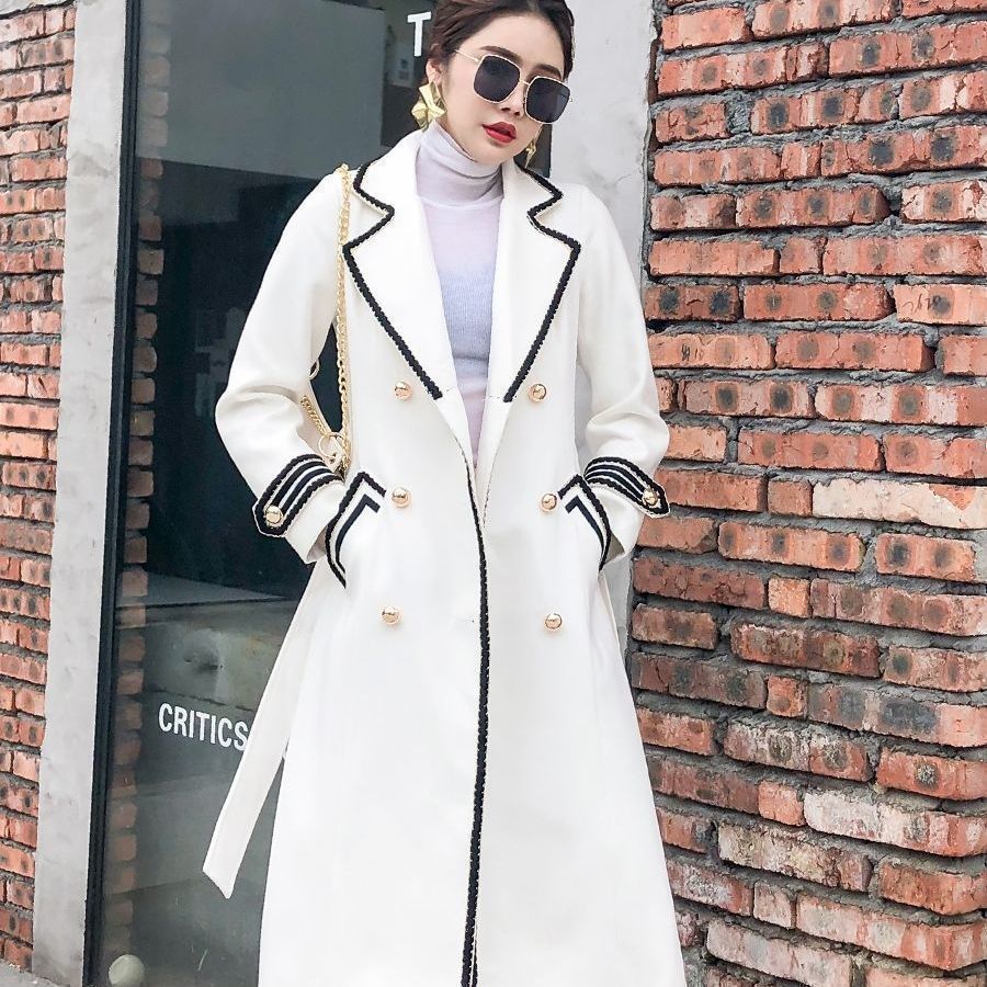 Thickened Slim Fit Double Breasted White Woolen Coat Below Knee for Women