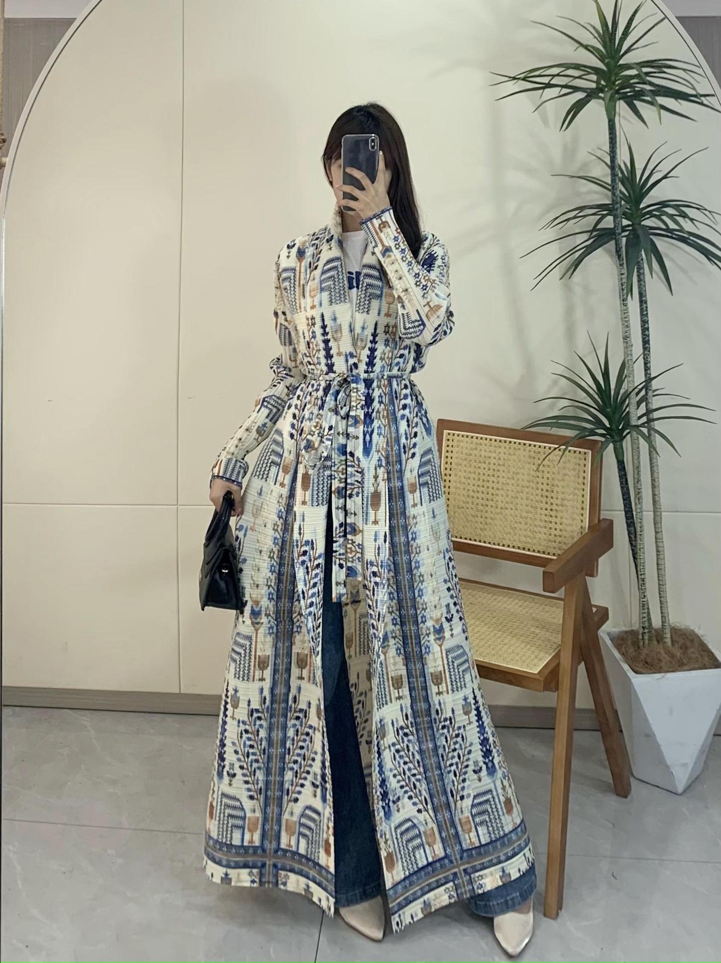 Pleated Print Fashionable All-match Lace-up Loose Arabian Abaya Robe