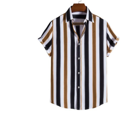Men's Casual Short-Sleeve Striped Printed Shirt