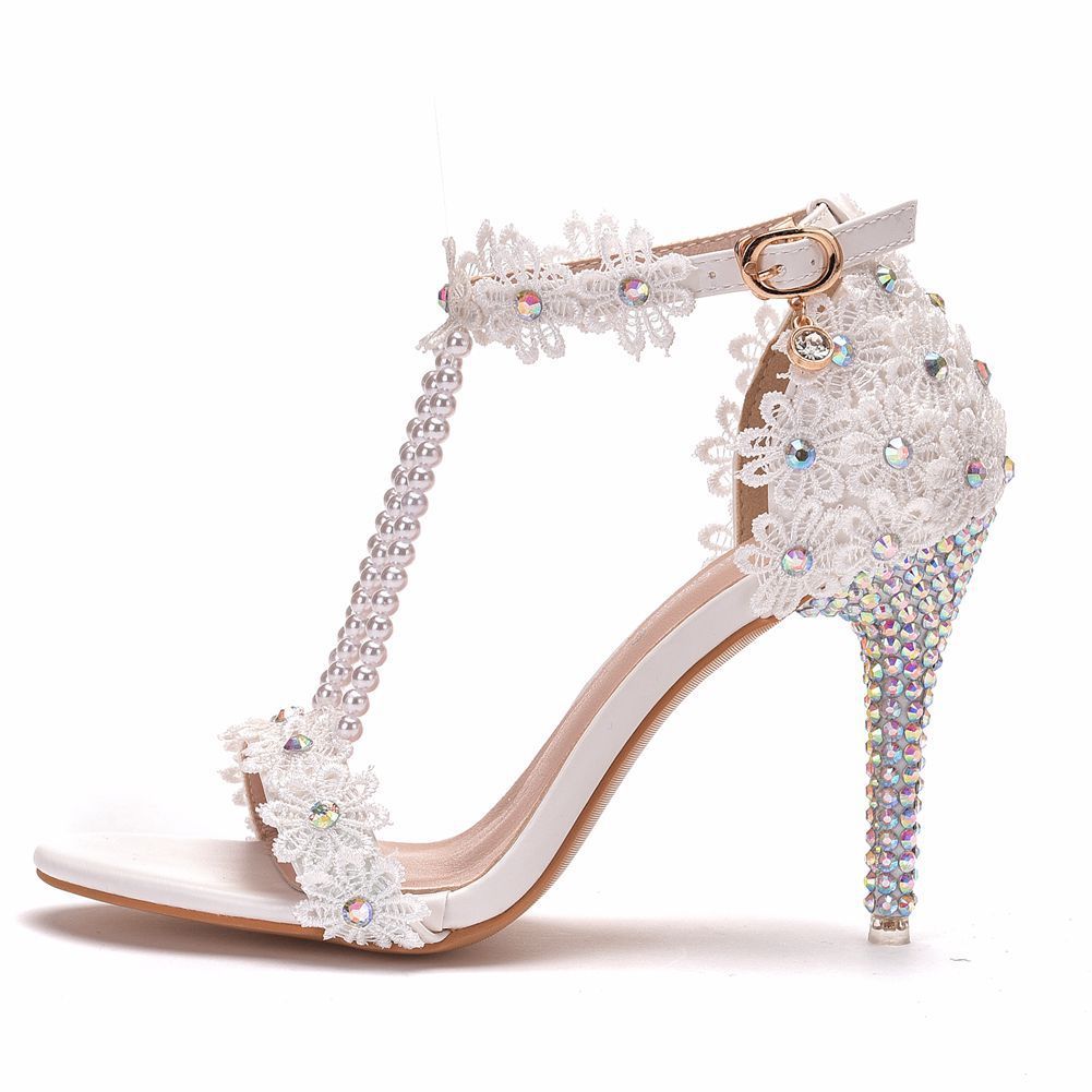 Beaded Lace Floral Rhinestone White Slip-On Sandals Heel 9.5cm