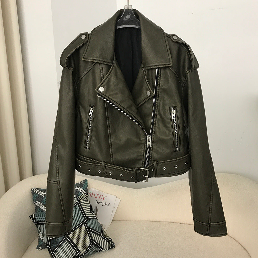 Veste en cuir lavé bicolore pour femme, style motard européen et américain, idéale pour le printemps et l'automne.