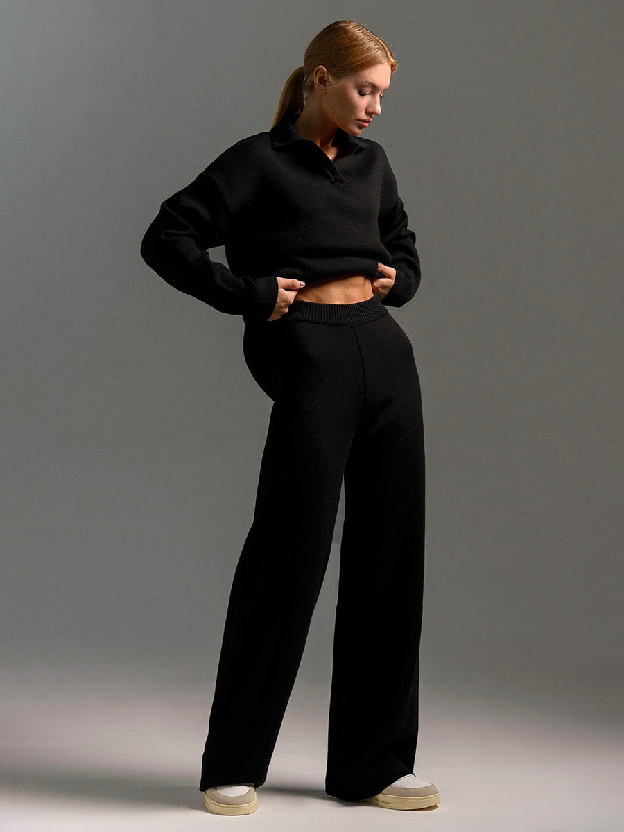 Women's Casual Sweatshirt Set Long-Sleeve Pullover Top & Loose Straight-Leg Pants