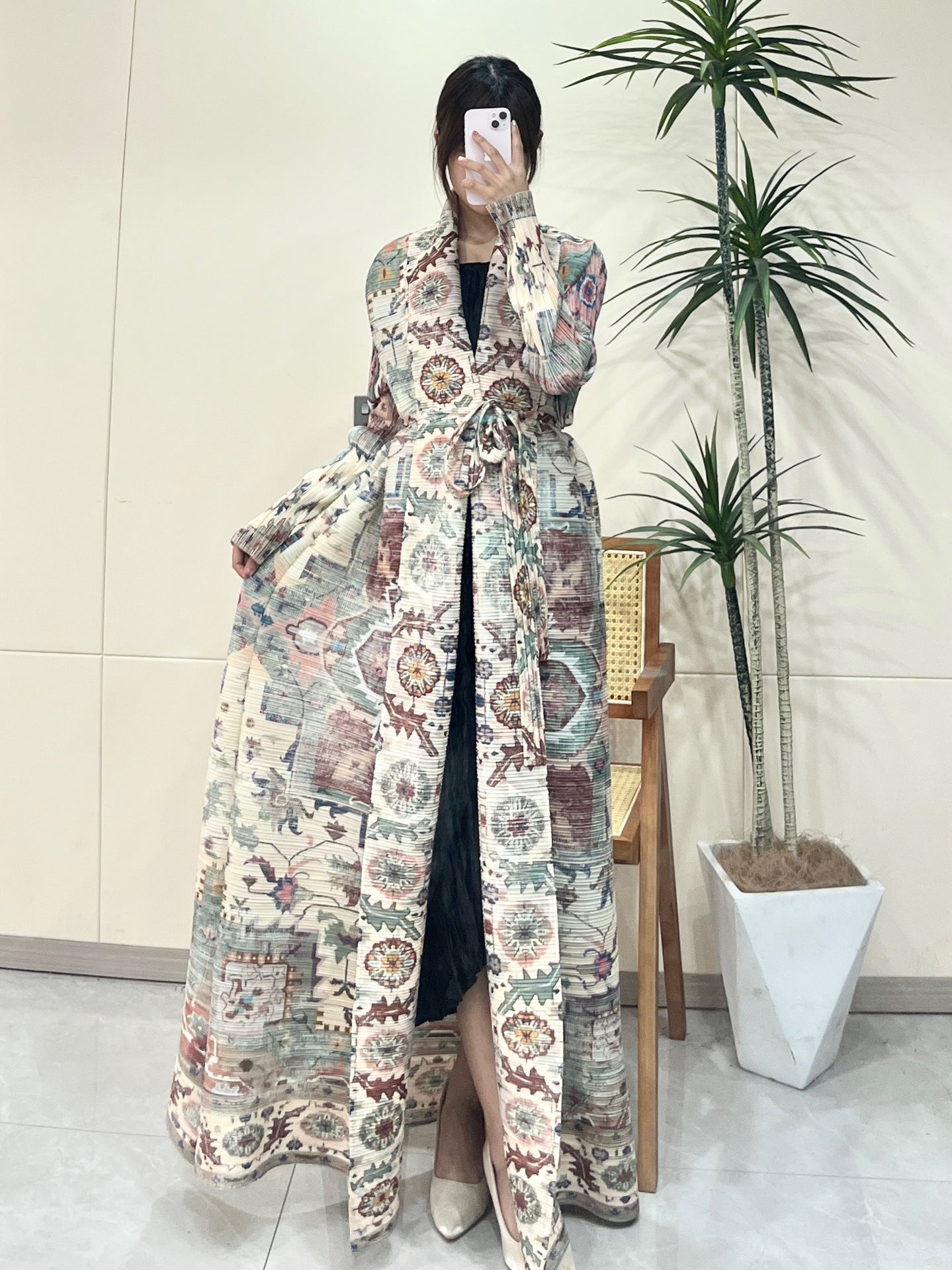 Pleated Print Fashionable All-match Lace-up Loose Arabian Abaya Robe