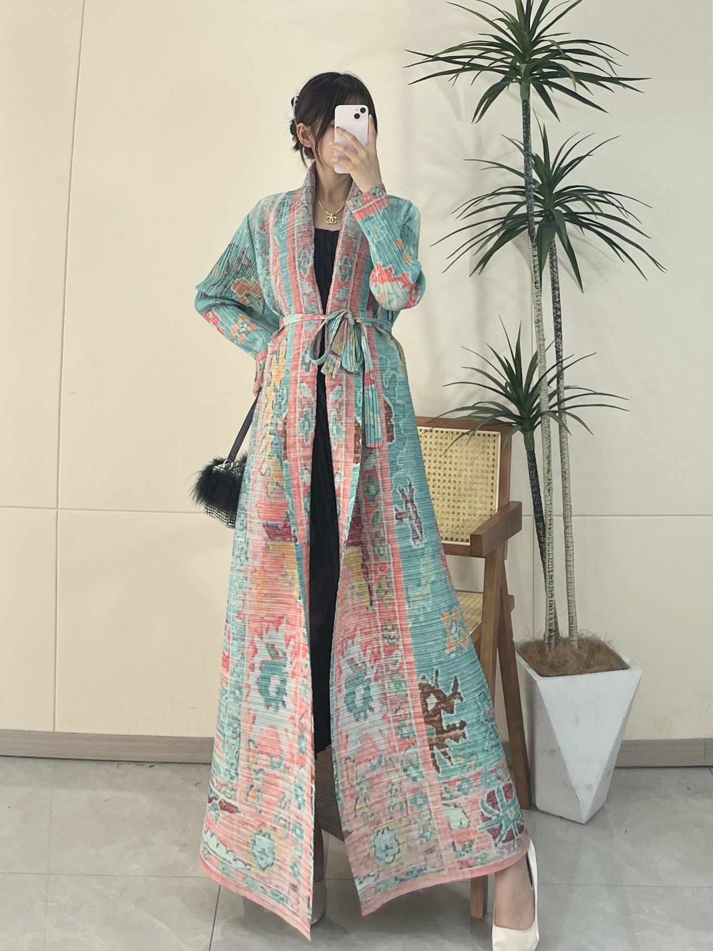 Pleated Print Fashionable All-match Lace-up Loose Arabian Abaya Robe