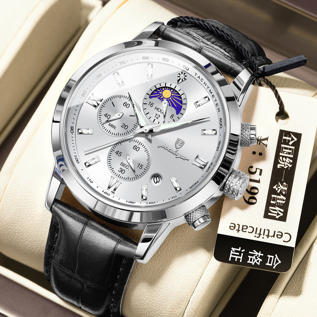 Men's 42mm Alloy Watch with Moon Phase & Multi-Function Chronograph