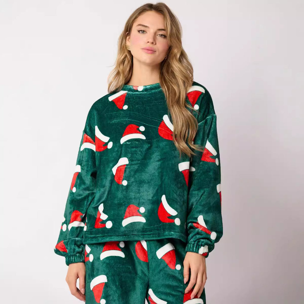 Ensemble de pyjama en flanelle décontracté 2 pièces pour femme chemise de détente de Noël à manches longues
