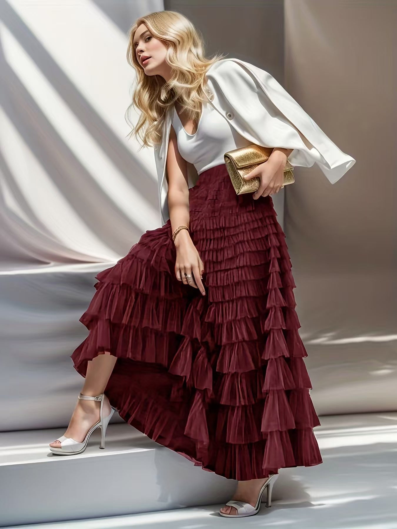 Layered Ruffles Mesh A-Line Swing Skirt Summer Party Dress for Women
