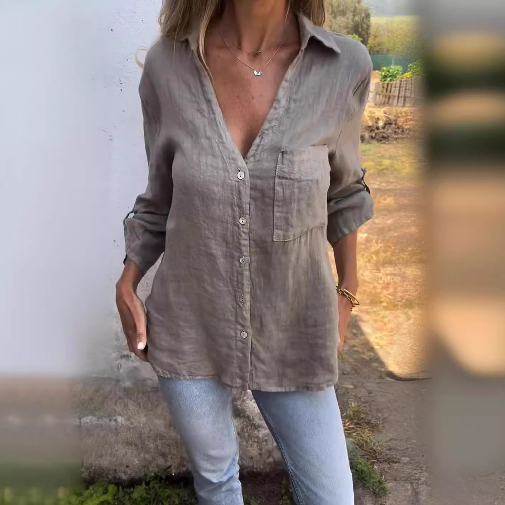 Chemise unie en polyester pour femme, coloris gris et bleu
