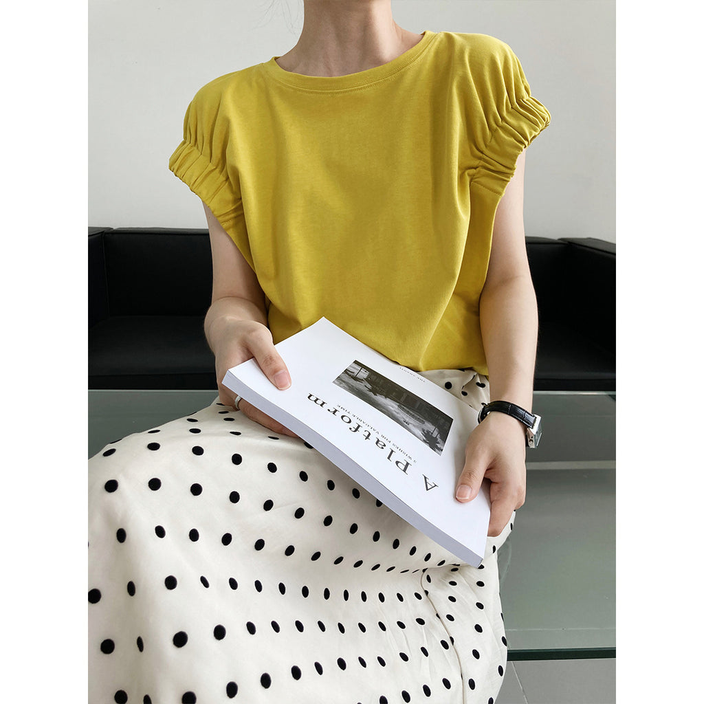T-shirt plissé ample en coton à manches courtes pour femme