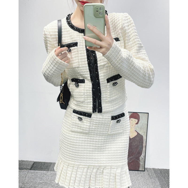 Winter Women's Two-Piece Knitted Cotton Top & Plaid Skirt Set