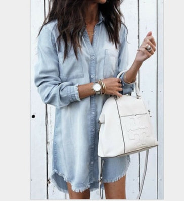 European and American foreign trade women's fashion multi-color hem cuffs tassels denim shirt