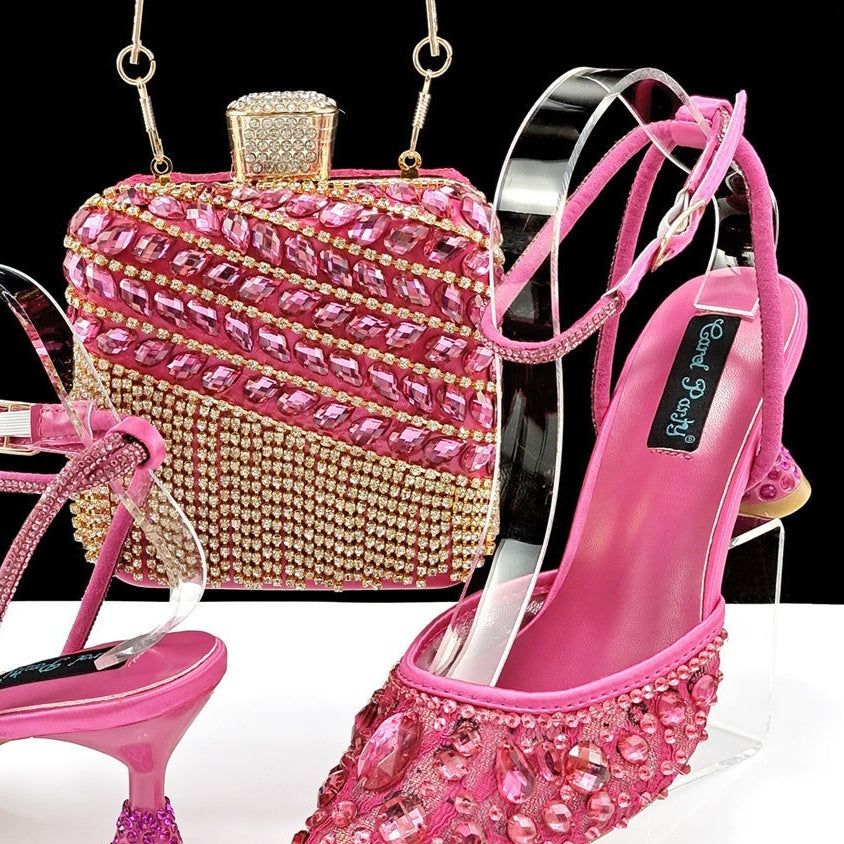 Ensemble de sandales à talons hauts et de sac à main à pompon 3D avec grands strass