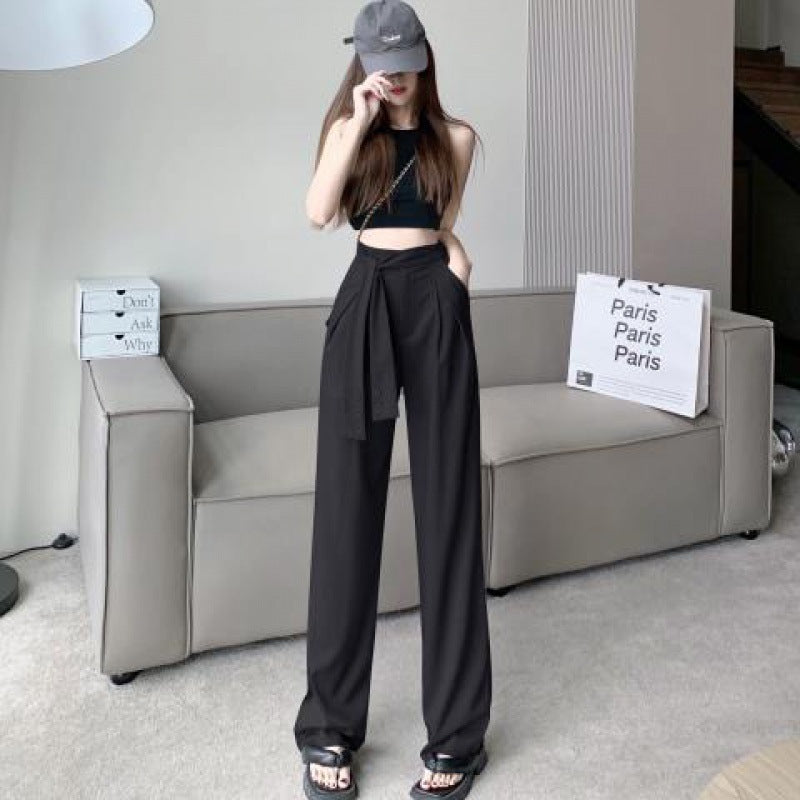 Gray Cotton Wide Leg Suit Pants for Women Lace-Up Drape
