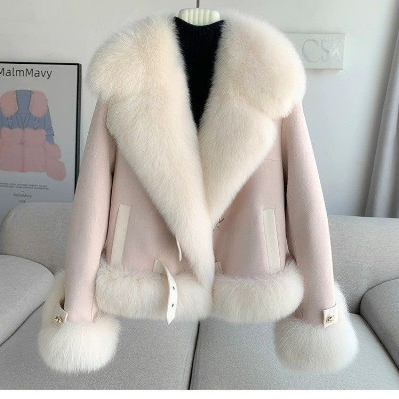 Manteau de fourrure rose abricot kaki pour femme avec manches volantées
