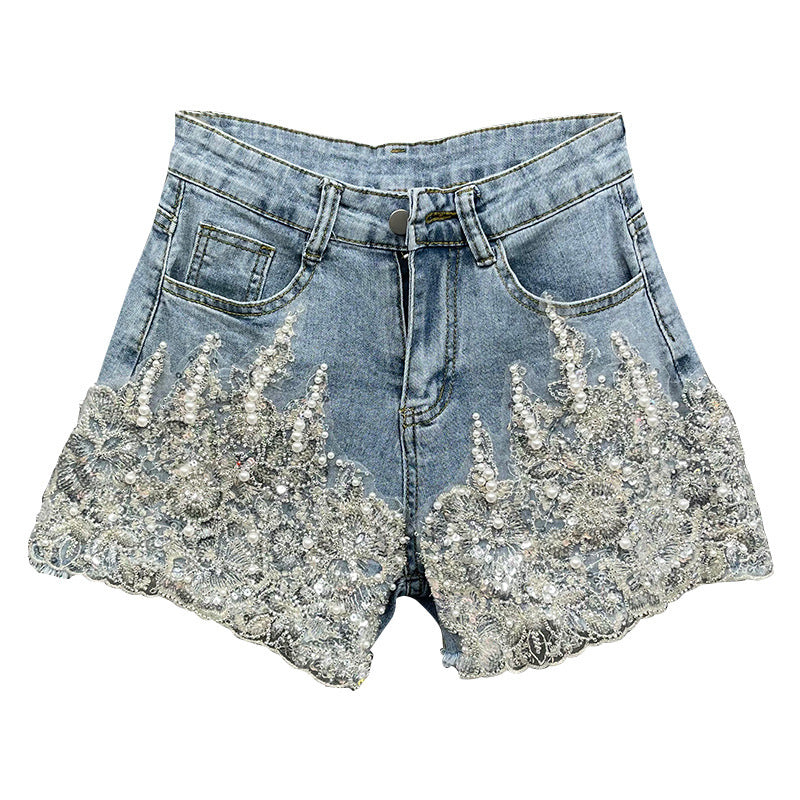 Beaded Western Style Light Blue Denim Shorts for Women