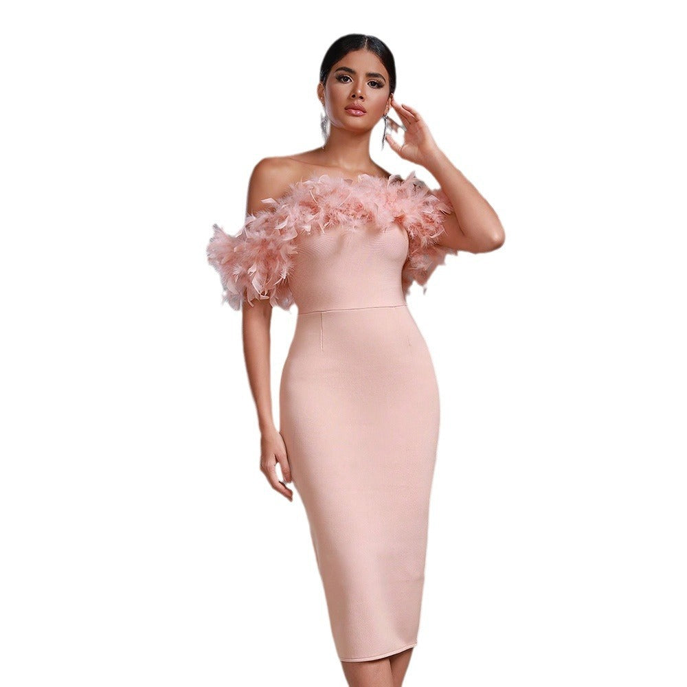 Off-Neck Feather Mid-Length Dress for Women