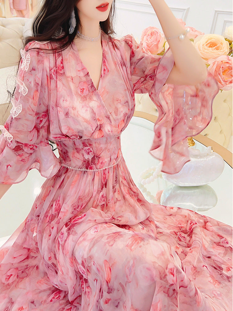 Women's Pink Floral High Waist Chiffon Dress