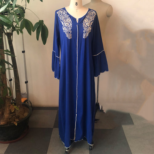 Middle East Women's Dark Blue Embroidered Long Dress