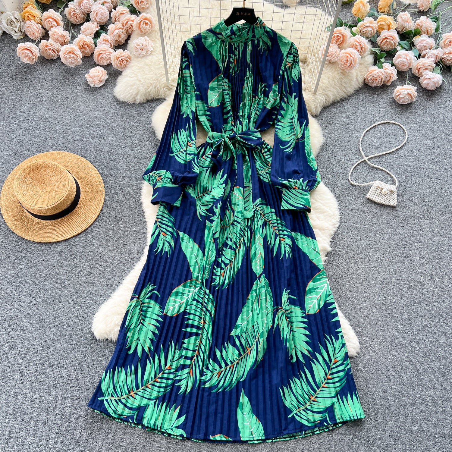 Stand Collar Long Sleeve Printed Chiffon Dress with Lace-Up Cinched Waist and Pleated Skirt