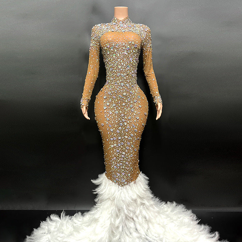 Women's Brown Shiny Diamond Backless Long Sleeve Dress