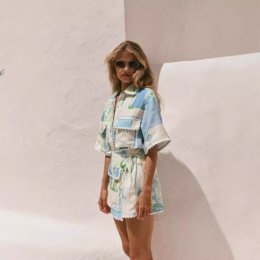 Elegant Geometric Lace Print Suit with Embossed Cotton Linen Fabric