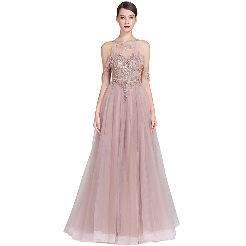 Bean Paste Color Handmade Evening Dress with Sequins, Mid Waist, Long Skirt, Sizes XS-XL
