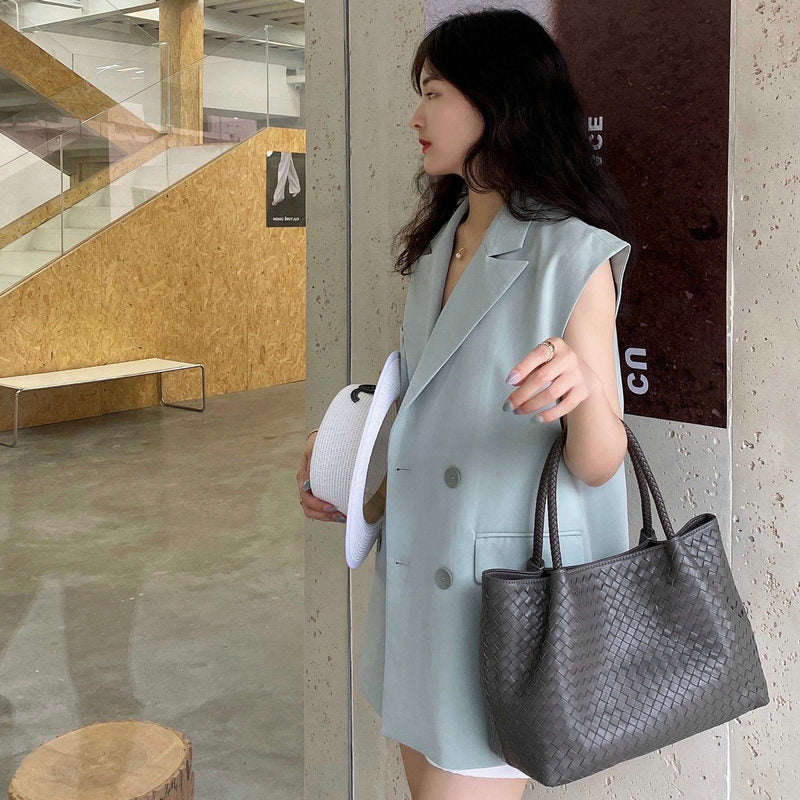 Handmade Sheepskin Woven Leather Handbag for Women Medium Size